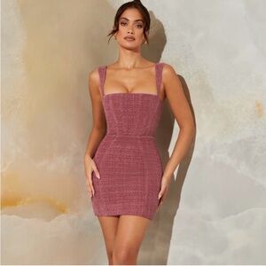Tweed Square Neck Corset Mini Dress in Rose